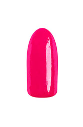 Glossy neon pink creme' color swatch of EzFlow TruGEL Colorgasm on a single fake nail